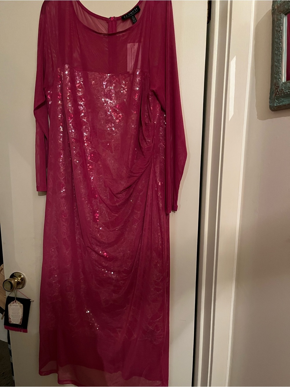 Eloquii Raspberry Sequin Midi Dress with Sheer Overlay, 20